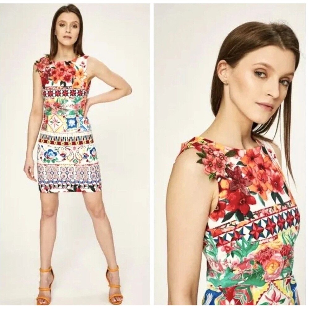 Desigual Angelina Sheath Dress Size 40 (M) Floral Embroidered Sequins Back Zip